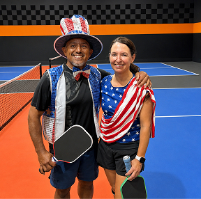 Texas Pickleball players celebrating community event with patriotic pickleball theme